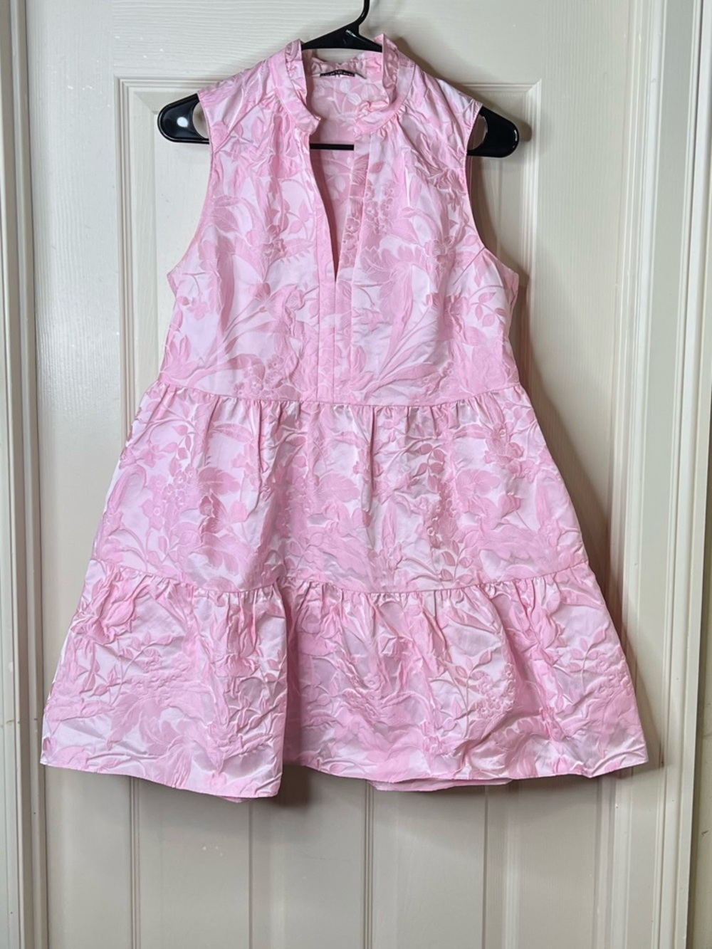 Amanda Uprichard Pink Jacquard Ruffle-Neck Dress Size Medium